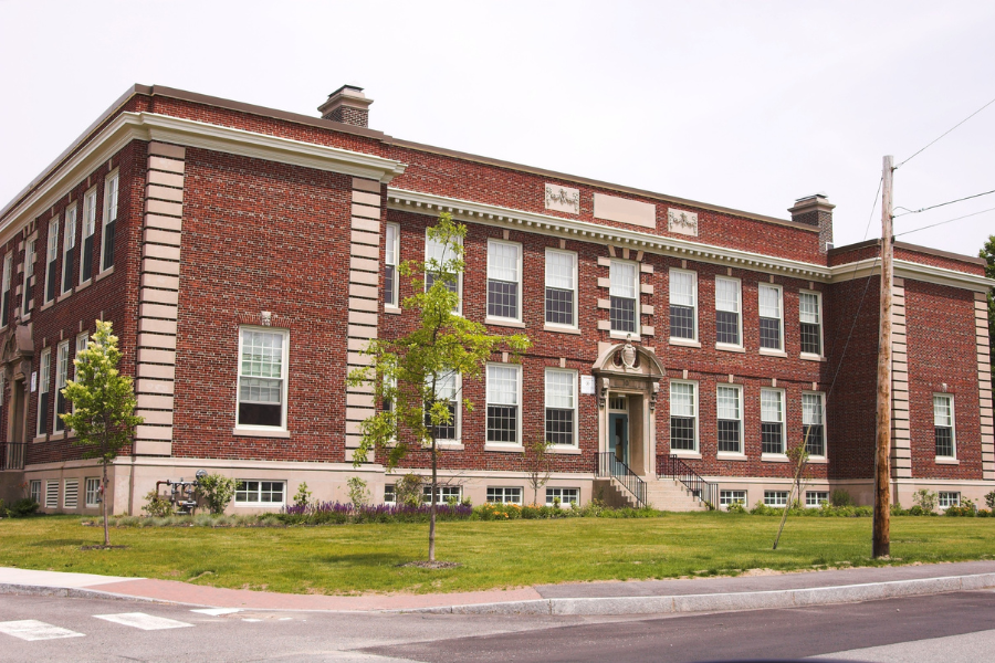 Aerial view of a small school district campus